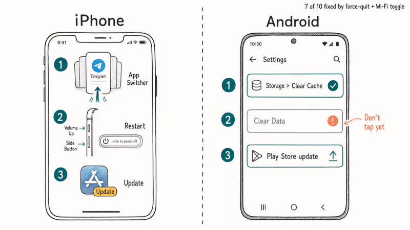 Two-panel comparison showing iPhone force-quit steps and Android clear cache path for Telegram.