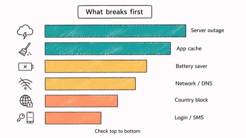 Hand-drawn bar chart ranking six Telegram failure modes from server outage to login problems.
