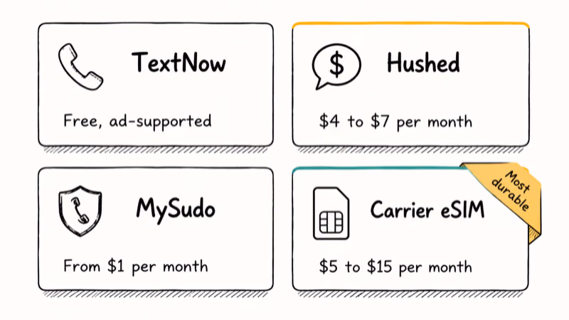 Four comparison cards for TextNow, Hushed, MySudo, and carrier eSIM with prices and small device icons