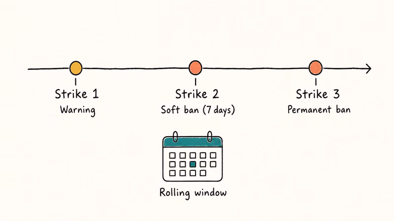 Hand-drawn timeline of Niantic three-strike enforcement showing warning soft ban and permanent ban tiers.