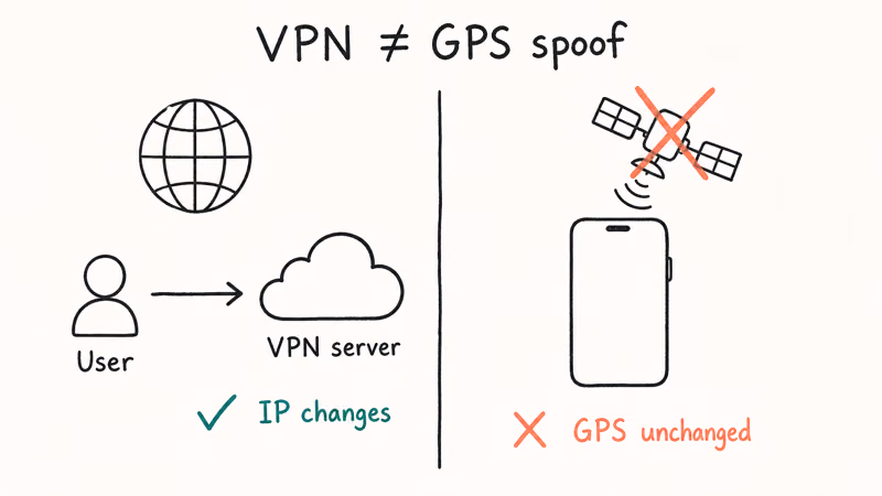 Hand-drawn split diagram showing a VPN changing IP routing but not GPS coordinates on a phone.