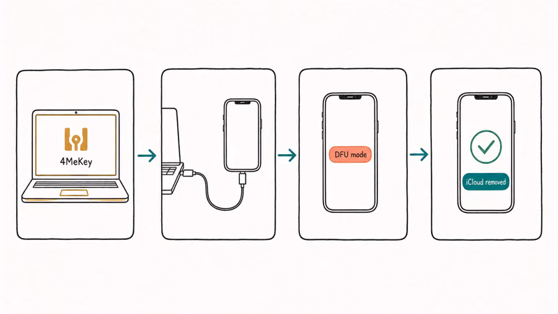 Hand-drawn four-step flow showing the 4MeKey process from laptop install through DFU mode to unlocked phone.