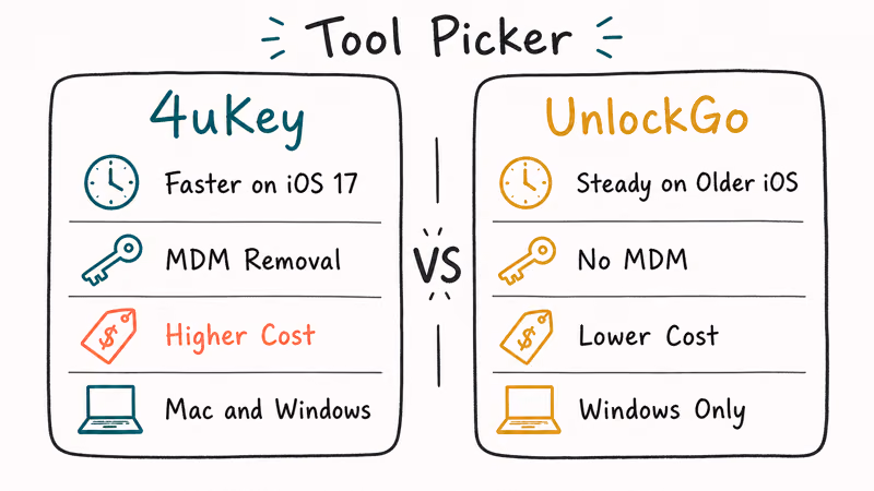 Two-column comparison matrix between Tenorshare 4uKey and iToolab UnlockGo on speed cost and MDM support.