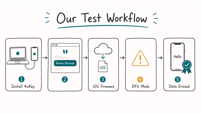 Five-card test workflow showing 4uKey install firmware download DFU mode and iPhone reset with data erase.