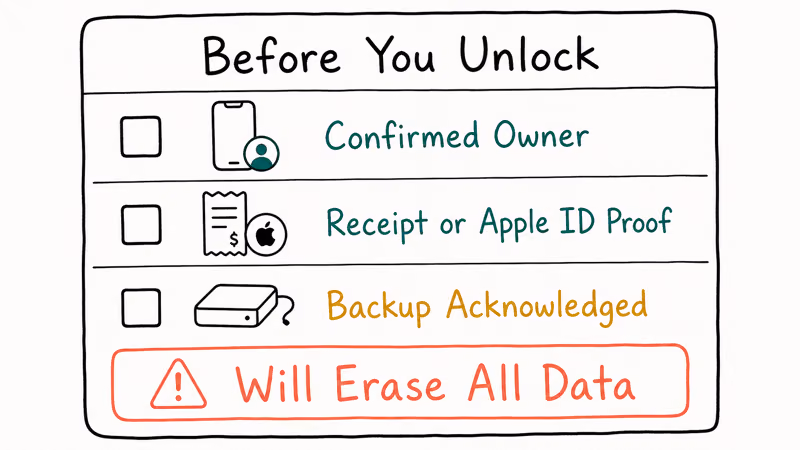Three-row checklist confirming owner status proof of purchase and backup acknowledgment before unlock tools.