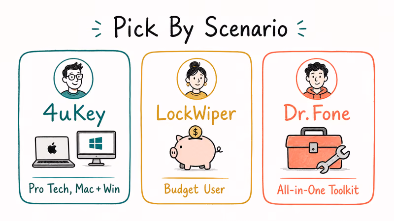 Three-card recommendation row mapping 4uKey LockWiper and Dr.Fone to pro budget and toolkit user scenarios.