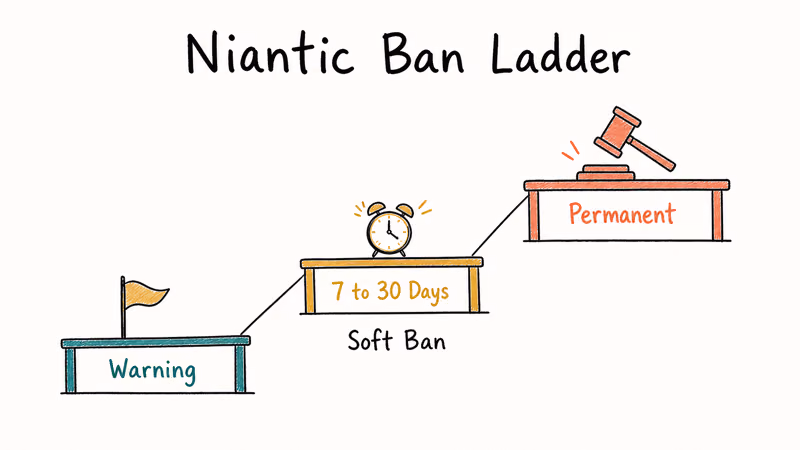Three-step gradient ladder showing Niantic warning to soft ban to permanent ban escalation for spoofers.