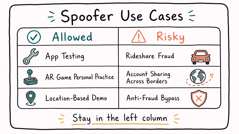 Two-column card showing allowed GPS spoofer use cases like app testing versus risky cases like rideshare fraud.