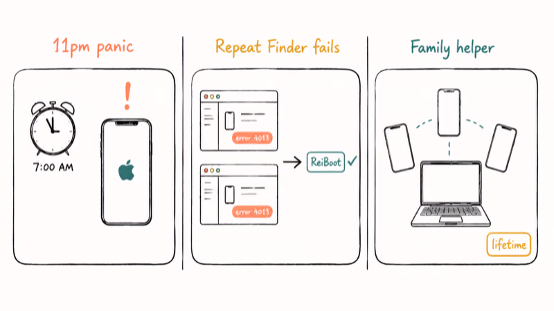 Three hand-drawn panels showing late-night panic, repeat Finder failures, and family helper ReiBoot scenarios