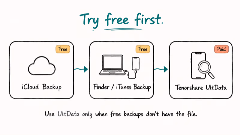 Hand-drawn flowchart showing iCloud and Finder backups checked before paying for UltData recovery.