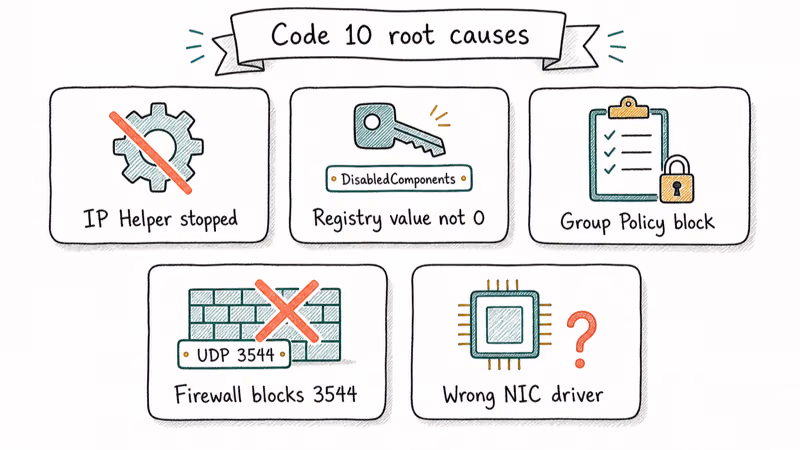 Hand-drawn five-card grid summarizing the common Teredo Code 10 root causes on Windows.