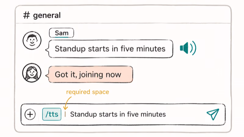 Hand-drawn Discord chat window showing the slash tts command with a sample standup message.
