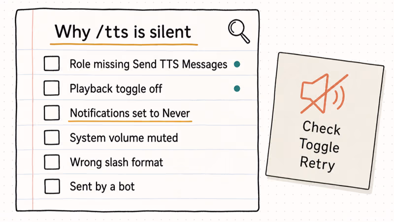 Hand-drawn checklist showing six common reasons Discord text-to-speech messages fail silently for users.