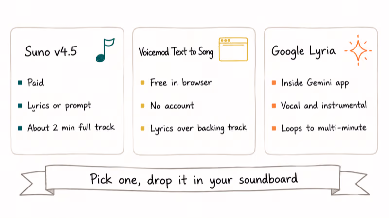 Three card comparison of AI music generators Suno Voicemod and Google Lyria with feature highlights for each.