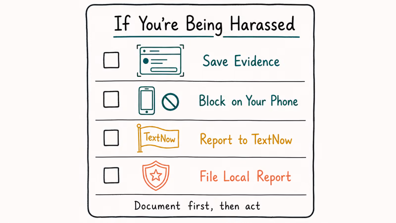 Four-row response card listing save evidence block report TextNow and file police steps for harassment.