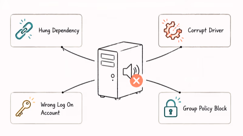 Hand-drawn diagram showing four root causes of Windows audio service failure around a PC tower.