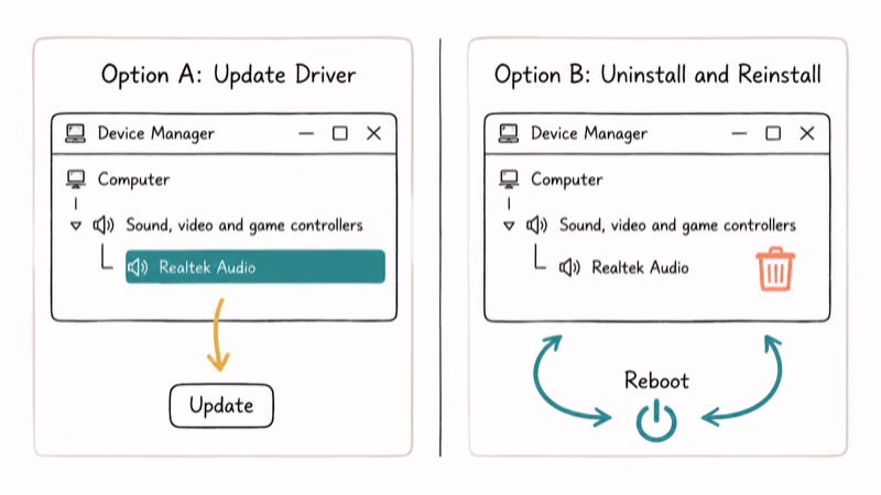 Hand-drawn split comparison of updating versus reinstalling a sound driver in Device Manager.