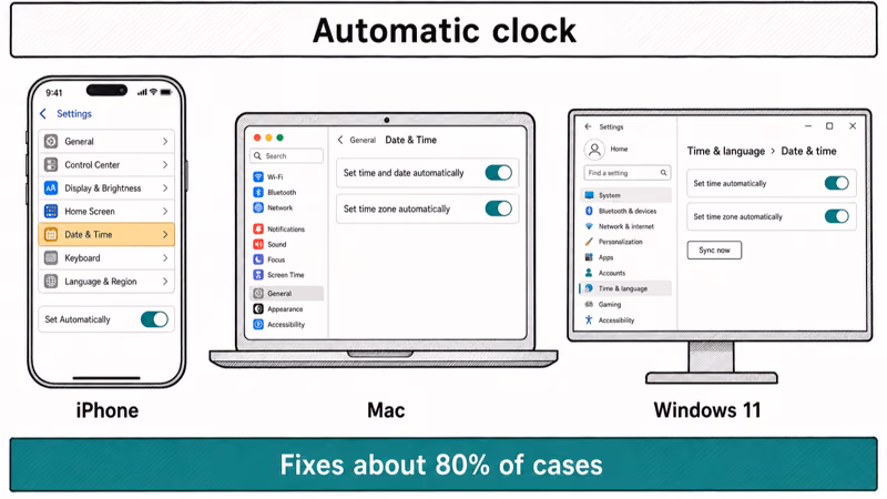 Side by side iPhone Mac and Windows Settings screens with automatic date and time toggles enabled.