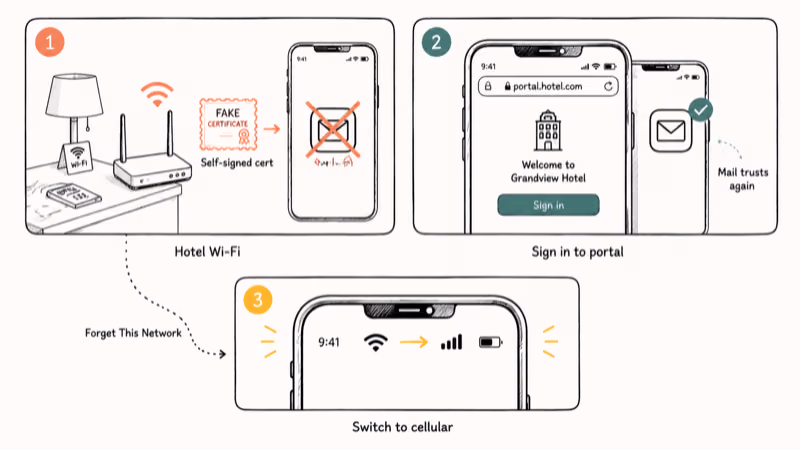 Three panel diagram showing captive portal certificate failure sign-in fix and cellular fallback on iPhone.