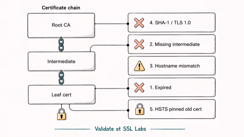 Certificate chain diagram with five labeled server side failure modes mapped to root intermediate and leaf.