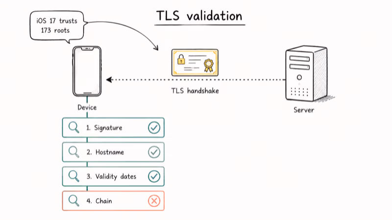 Diagram of TLS handshake showing four certificate validation checks between device and server.
