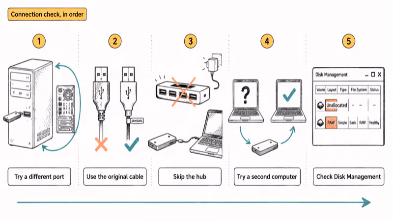 Five-step hardware troubleshooting checklist showing port cable hub computer and Disk Management checks.