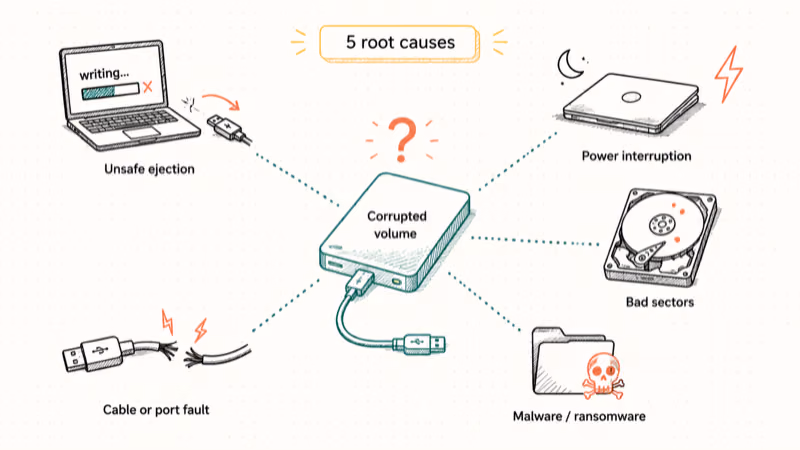 Radial infographic showing five root causes of Windows file system corruption around a central drive.