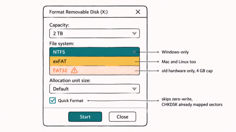 Mockup of Windows Format dialog highlighting NTFS exFAT FAT32 file system choices and Quick Format option.
