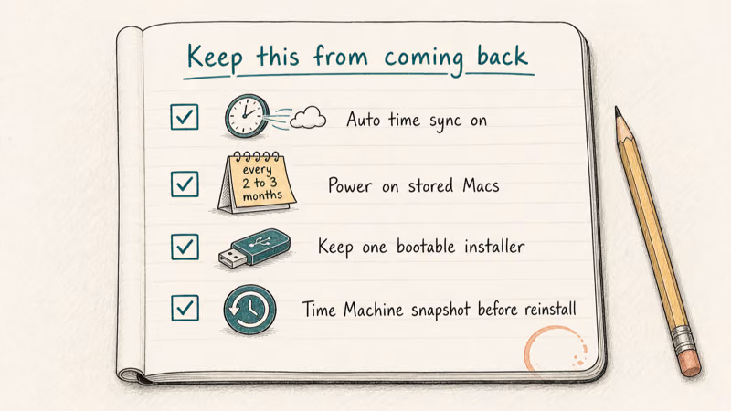 Notebook checklist of four habits that prevent the macOS recovery server error from returning.