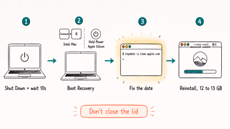Four-step Recovery Mode flowchart, shutdown then key combo then terminal date sync then reinstall macOS.