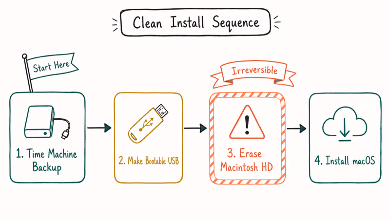 Hand-drawn four step flowchart for clean macOS install showing backup bootable USB erase and install stages.