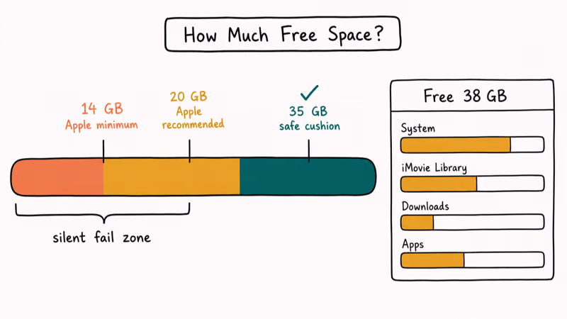 Hand-drawn disk capacity bar comparing fourteen twenty and thirty-five gigabyte free space thresholds for macOS install.