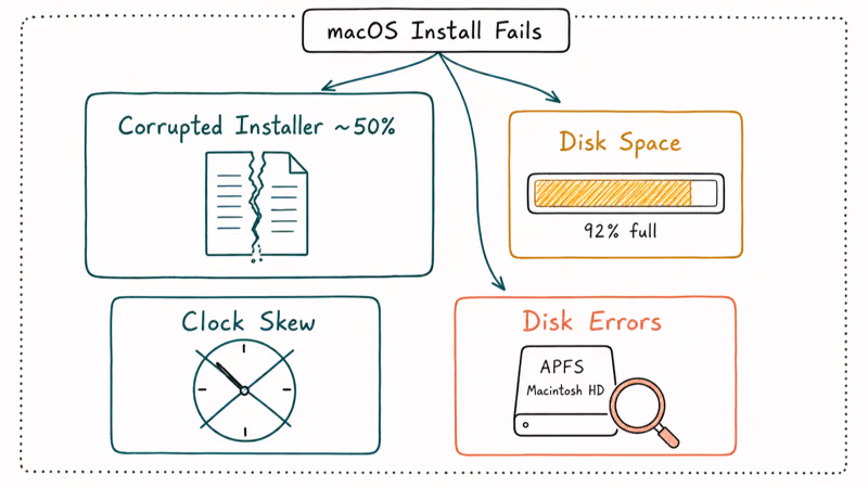 Four hand-drawn cards diagram showing the four root causes of macOS installation failure errors.