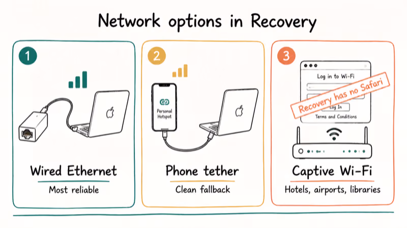Three Recovery Mode network options ranked, wired Ethernet best, phone tether backup, captive Wi-Fi to avoid.