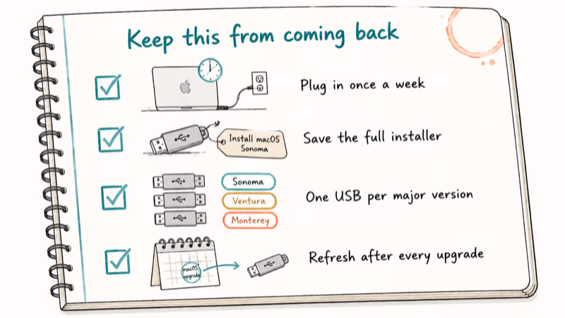 Notebook checklist of four habits that prevent the macOS recovery server error from returning later.