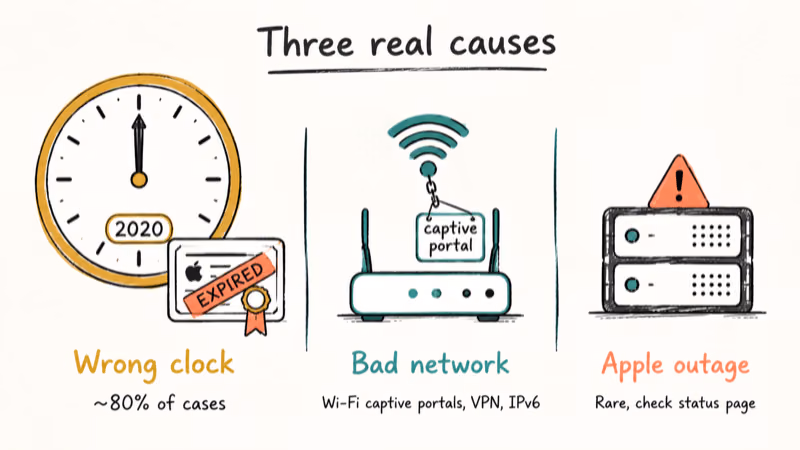 Three causes of the macOS recovery server error compared, wrong clock, bad network, and rare Apple outage.