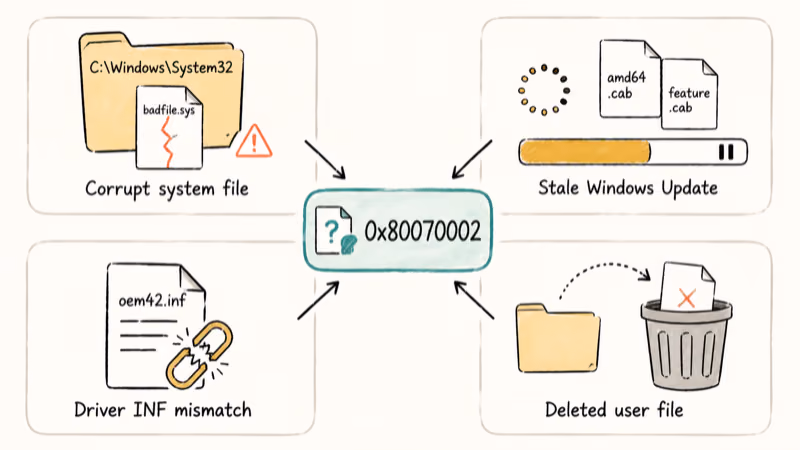 Diagram showing four failure modes that cause Windows error 0x80070002 with central error code label.