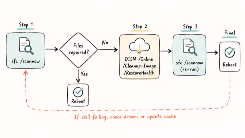 Hand-drawn flowchart showing SFC scannow then DISM RestoreHealth then SFC re-run repair sequence.