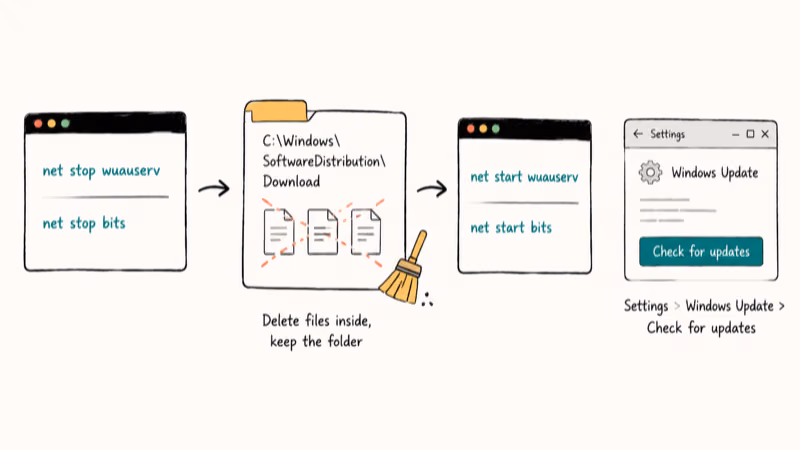 Diagram of stopping Windows Update services wiping SoftwareDistribution Download folder then restarting services.