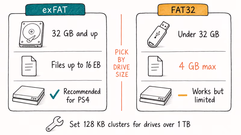 Side-by-side comparison cards showing exFAT and FAT32 file system choice for PS4 drives