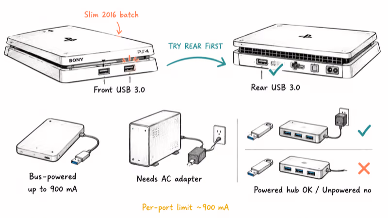 Diagram of PS4 front and rear USB 3.0 ports with drive power draw limits