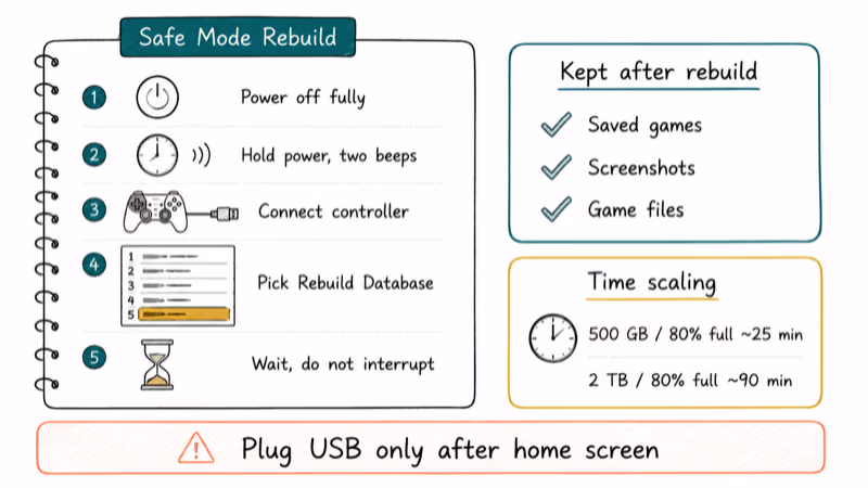 Step sequence with time chart for PS4 Safe Mode rebuild database option clearing stale references