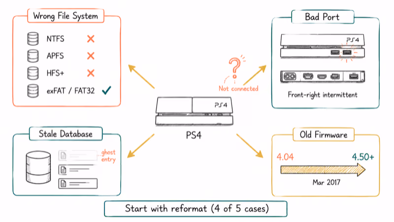 Diagram mapping four root causes of PS4 USB storage device not connected error to fixes