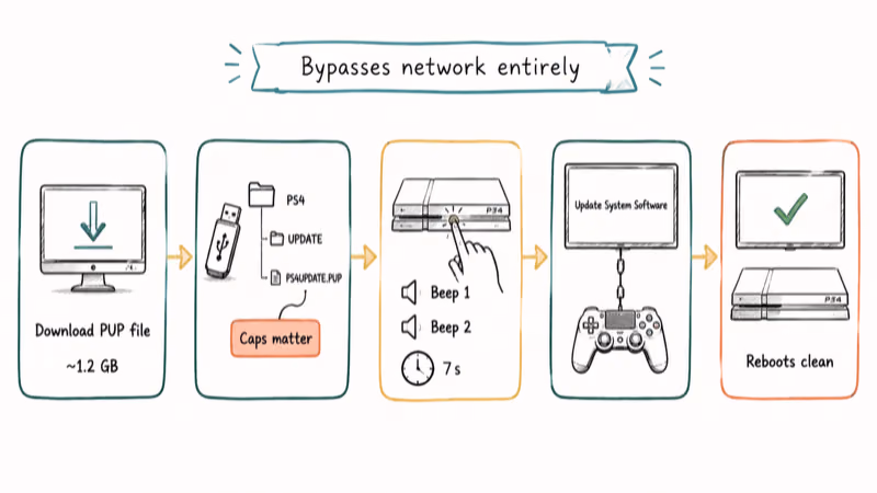 Flowchart showing PS4 Safe Mode firmware update from PC download to clean console reboot