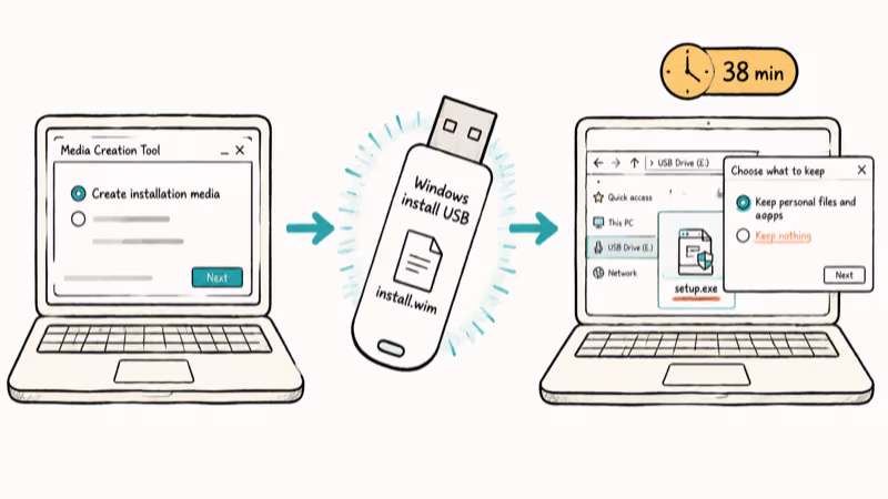 Three-panel diagram of building a Windows install USB then running setup.exe with Keep personal files and apps selected.
