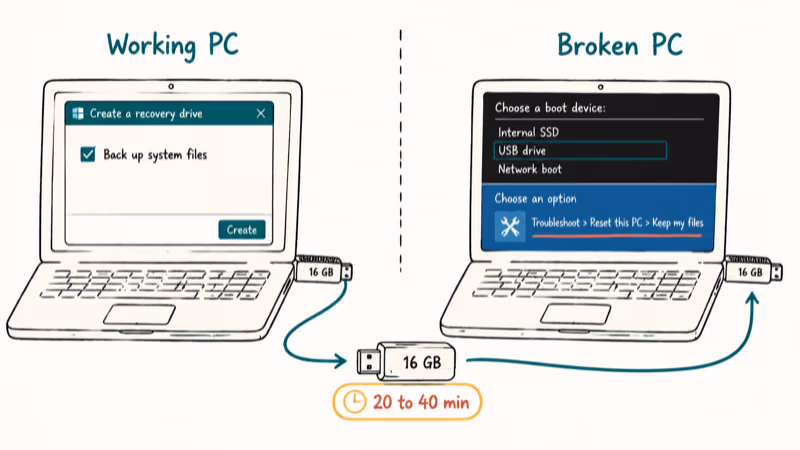 Two laptops sharing a recovery USB stick, working PC builds the drive and broken PC boots Reset this