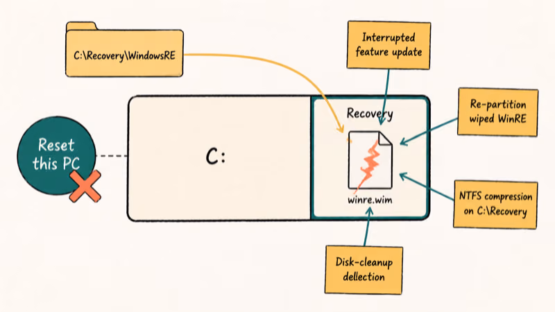 Diagram of a cracked Windows recovery image inside a system drive with four common triggers labeled around it.