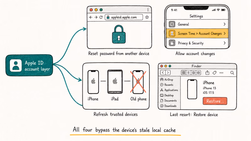 Account-level fan-out diagram showing four advanced Apple ID fixes branching from an account layer node.