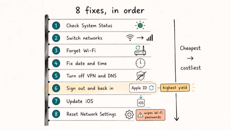 Vertical ladder of eight Apple ID fixes ordered from cheapest server check to costliest network reset.
