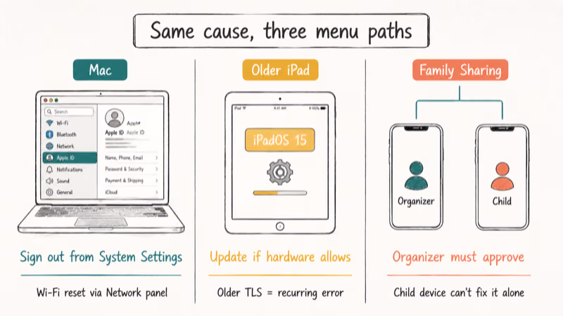 Three column comparison of Mac, older iPad, and family sharing menu paths for Apple ID error.